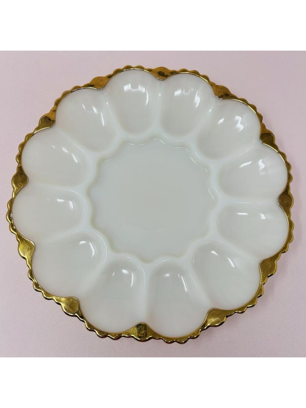 VTG Fire King Deviled Egg Plate MCM White Milk Glass Serving Platter Gold Trim
